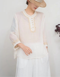 women navy linen embroidered blouse front view