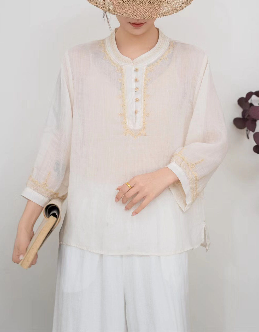Vintage Embroidered Linen Blouse Loose Summer Top