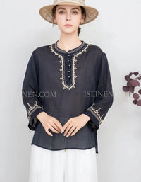 Women Navy Linen Blouse Embroidered Loose Top