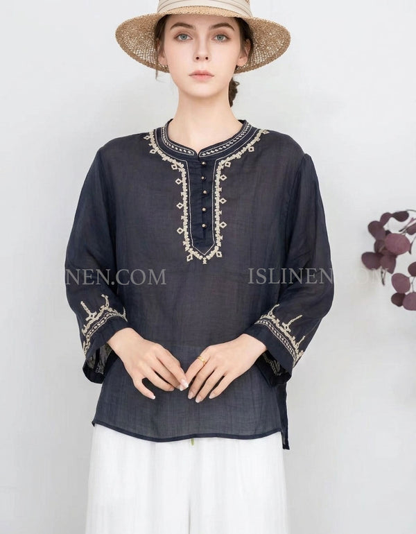 Women Navy Linen Blouse Embroidered Loose Top