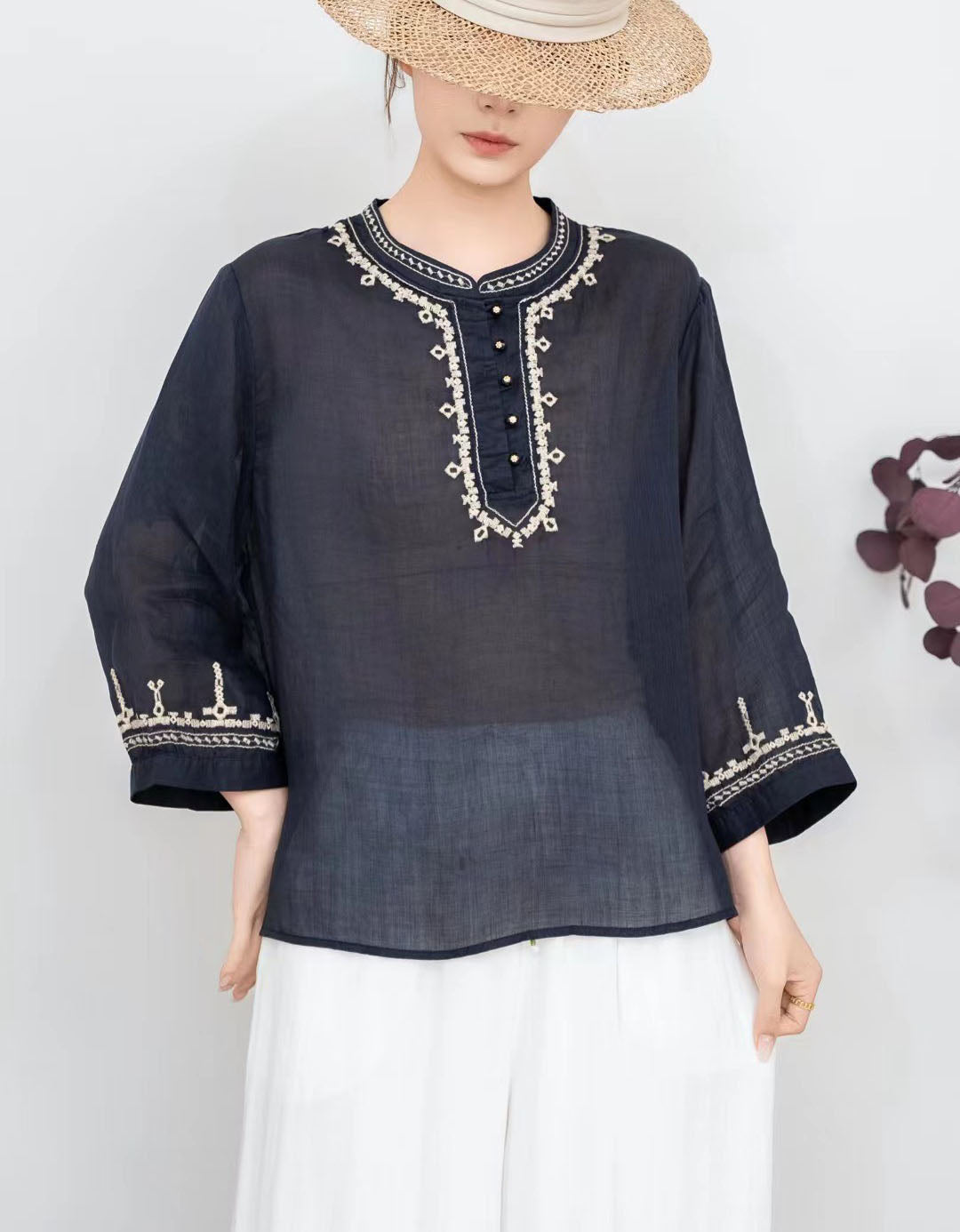Summer Linen Blouse Women Navy Ethnic Loose Top
