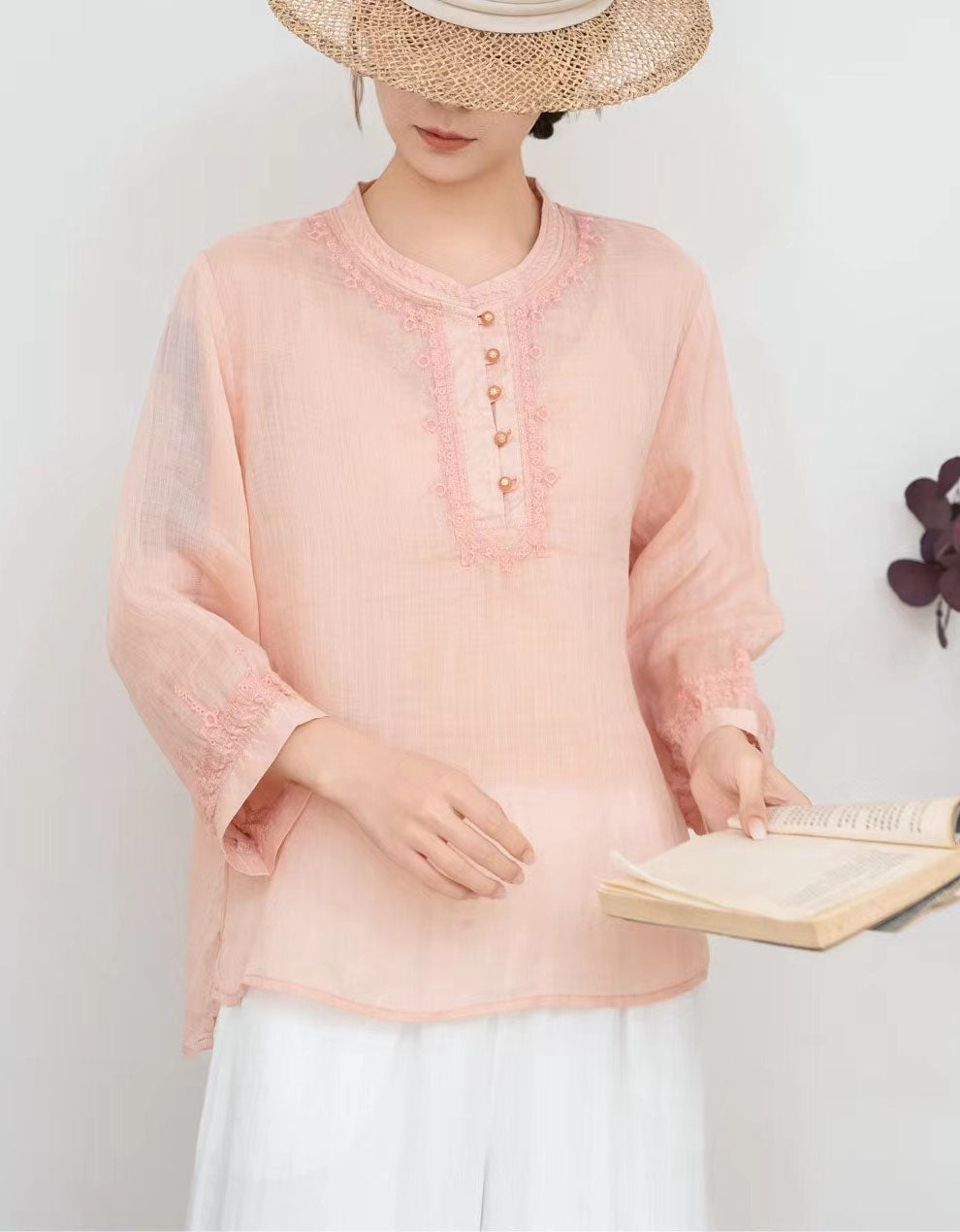 Pink Loose Fit Linen Blouse Women Boho Embroidered Top