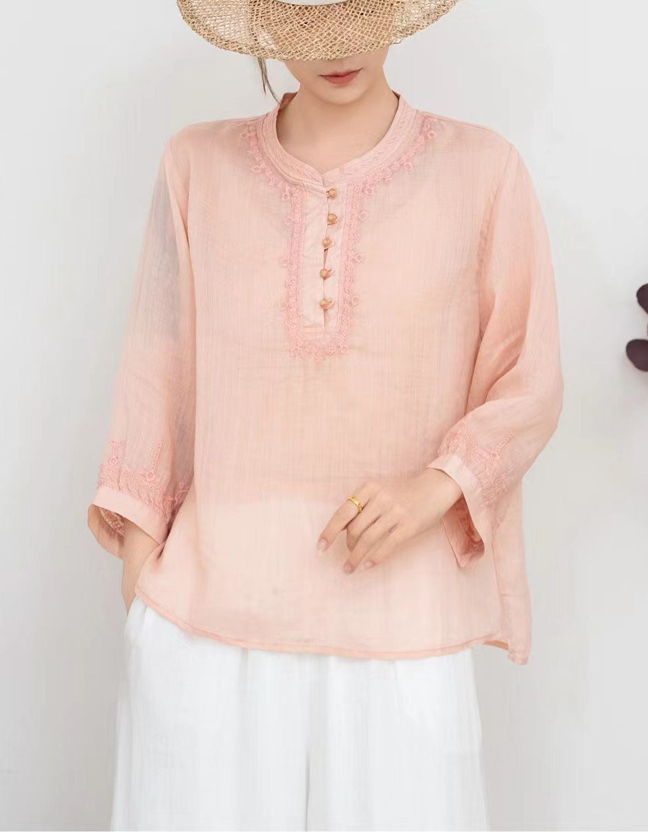 Women casual summer linen blouse ethnic embroidery