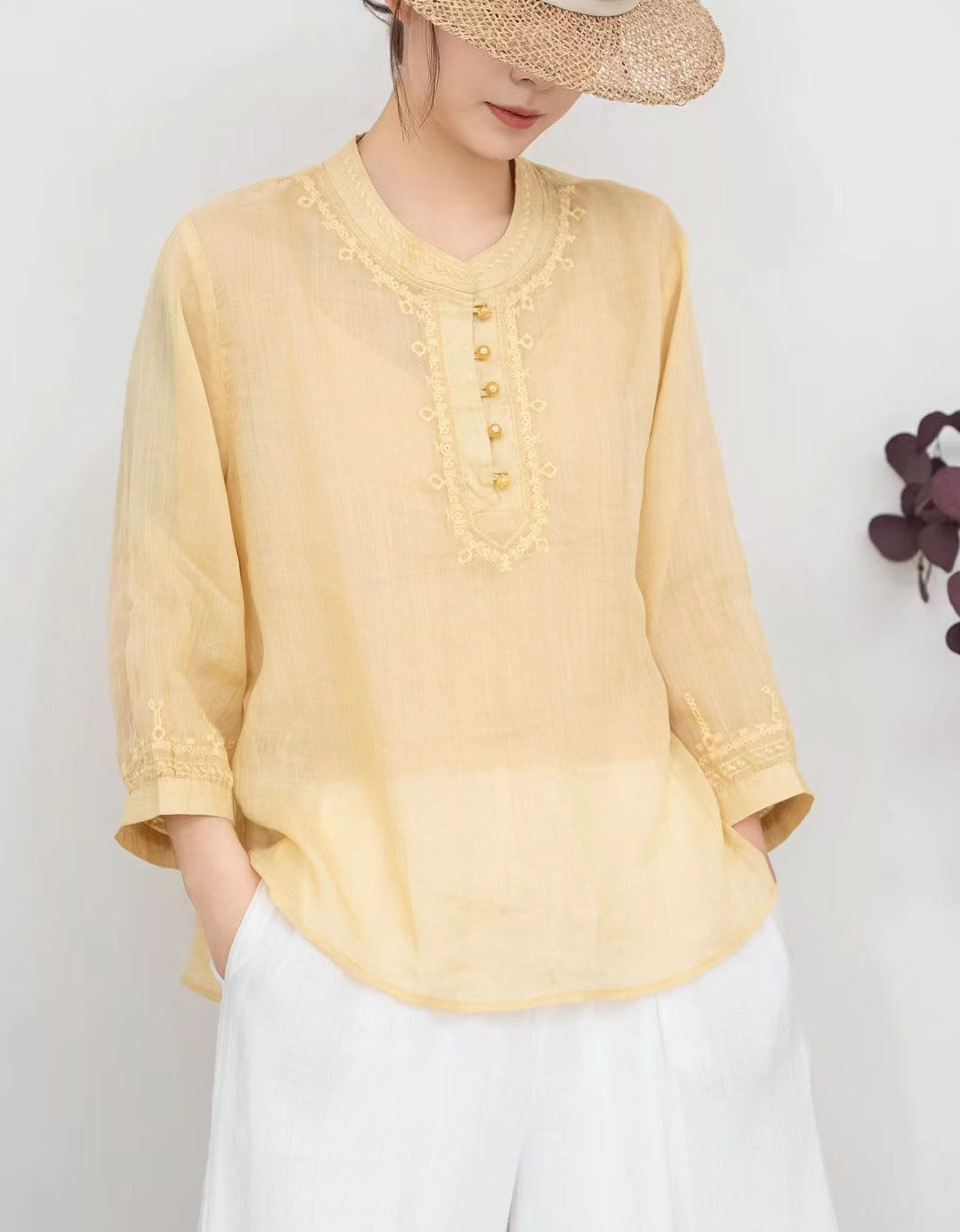 Boho style embroidered linen top outfit look