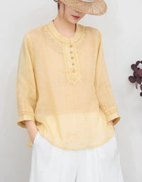 Boho style embroidered linen top outfit look