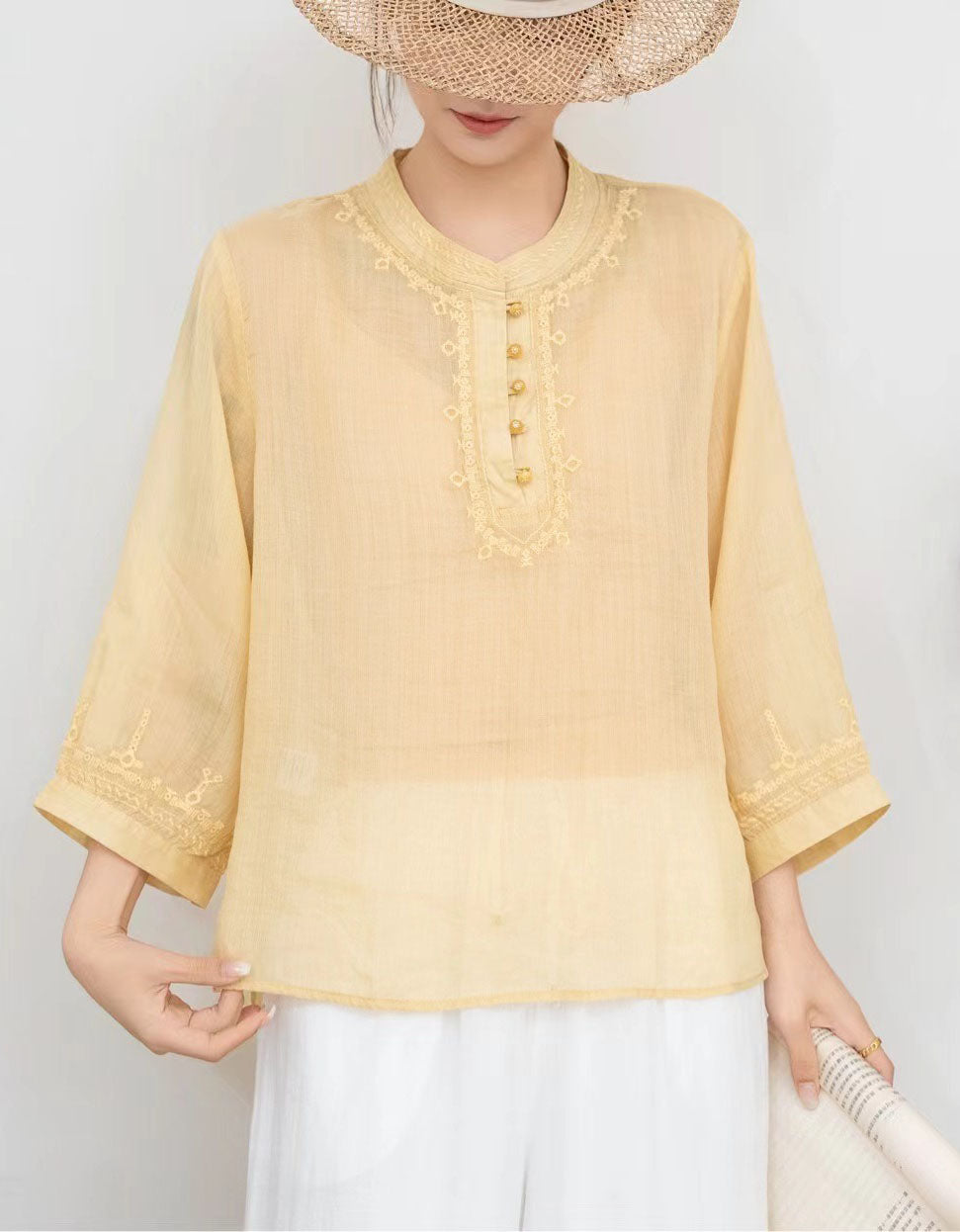 Yellow Casual Navy Linen Top Ethnic Embroidery Blouse