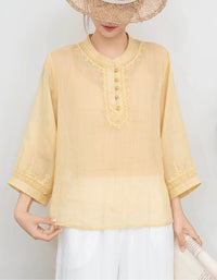 Yellow Casual Navy Linen Top Ethnic Embroidery Blouse