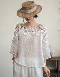 Women Summer Vintage Floral Crochet Lace Linen Blouse