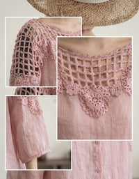 Women pink linen blouse with crochet lace neckline