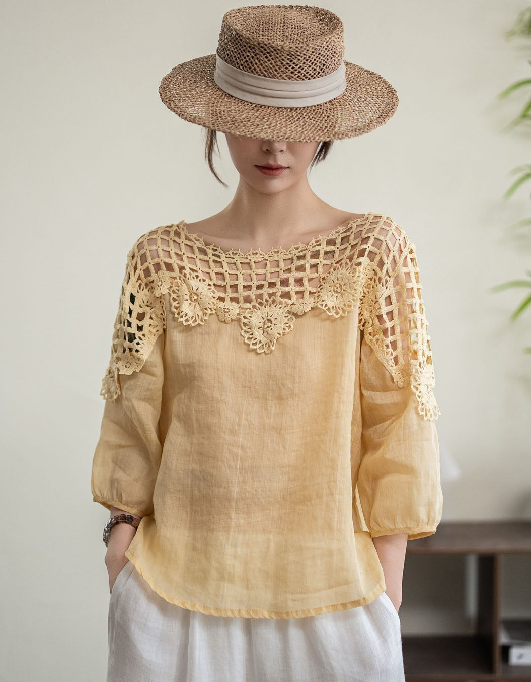 Women Bohemian Linen Top with Crochet Lace Detail