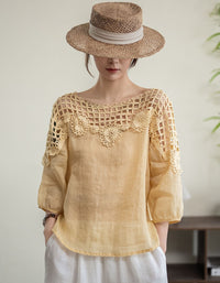 Women Bohemian Linen Top with Crochet Lace Detail