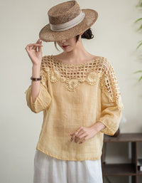 Women Vintage Pink Linen Tunic with Lace Crochet