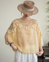 Boho Pink Linen Crochet Top for Women Summer Wear