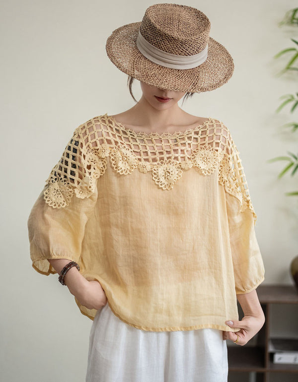Boho Pink Linen Crochet Top for Women Summer Wear