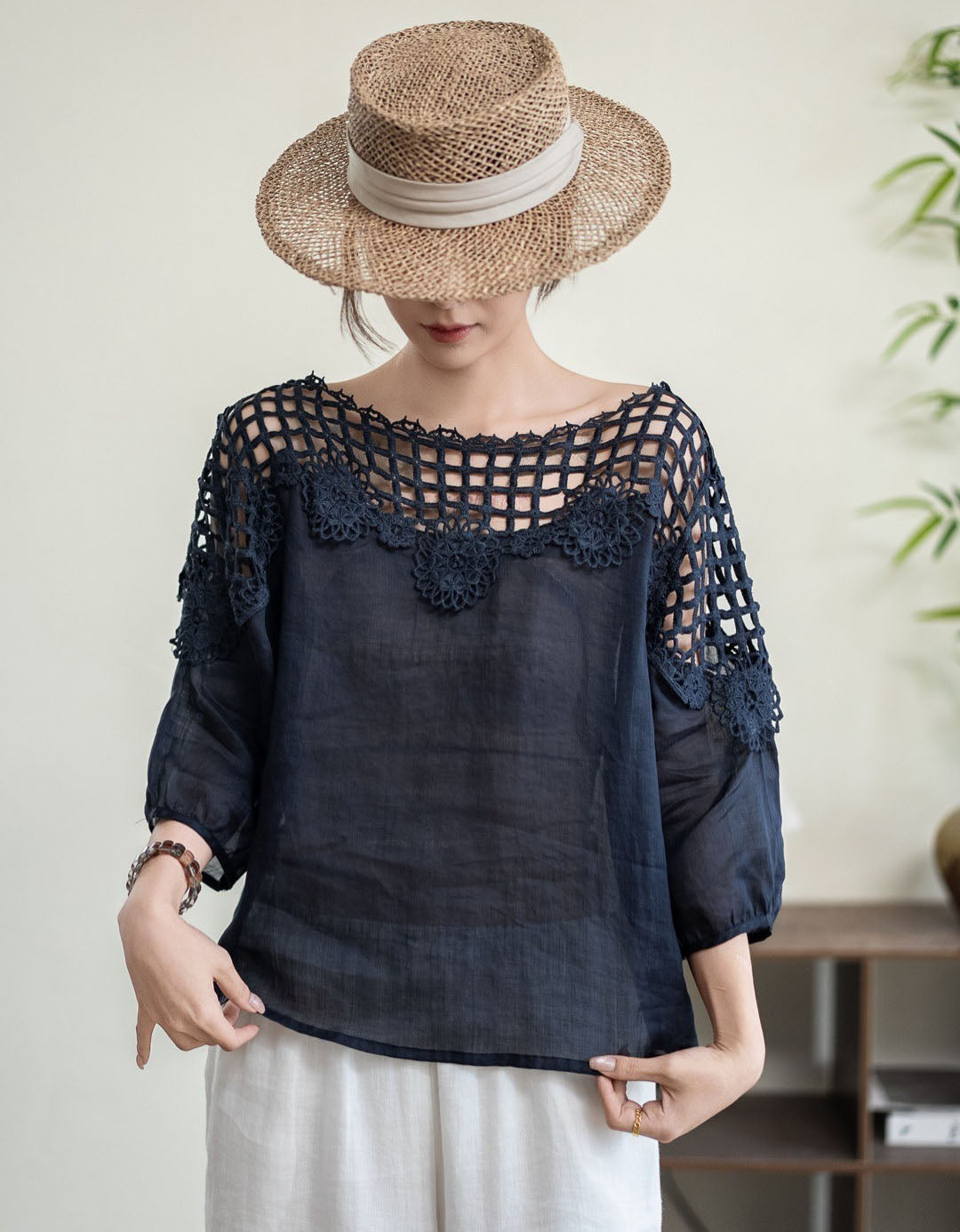 Vintage Lace Patchwork Linen Shirt Women Casual