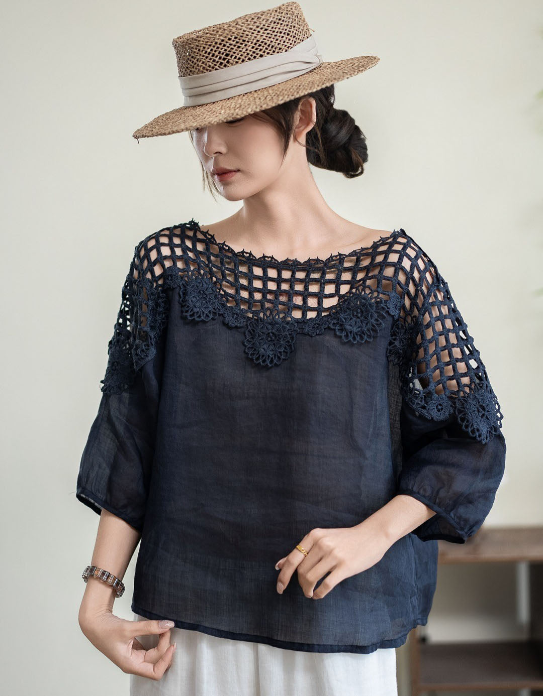Elegant Crochet Lace Linen Blouse for Women Casual