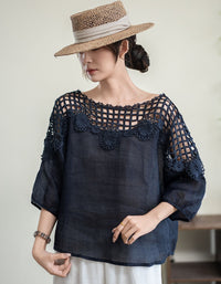 Elegant Crochet Lace Linen Blouse for Women Casual