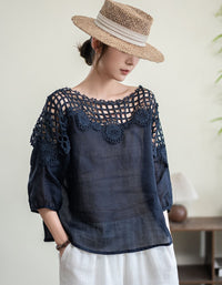 Summer Linen Lace Blouse Women Relaxed Fit Shirt