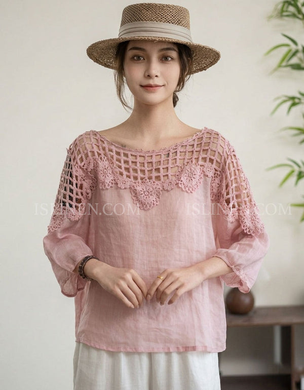Women Pink Crochet Lace Linen Blouse Casual Top