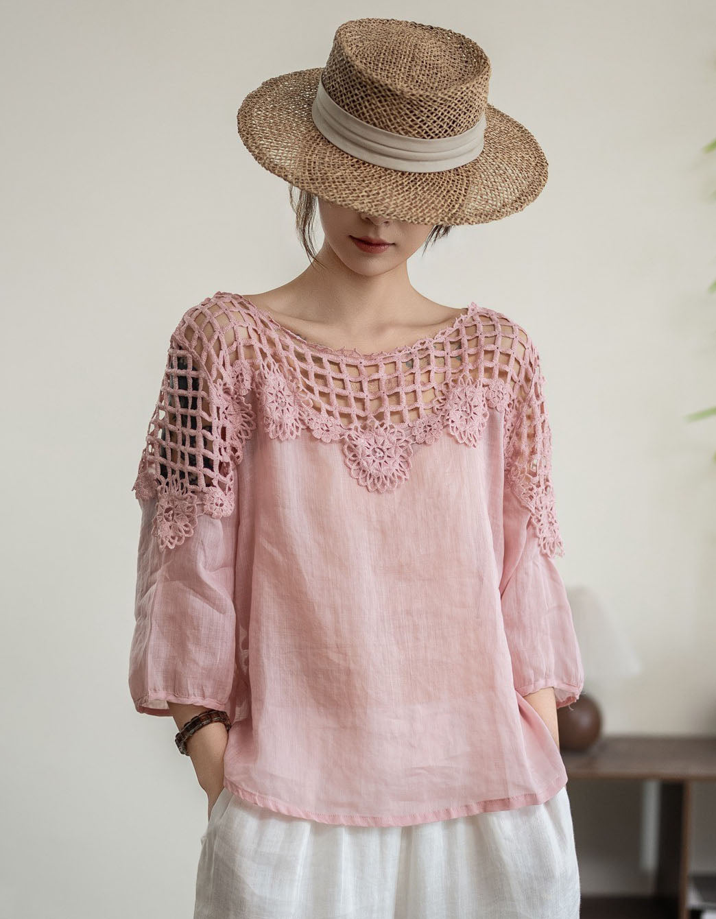 Loose Fit Pink Linen Crochet Blouse for Women