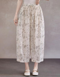 Women Floral Print Linen Wide Leg Pants Loose Fit