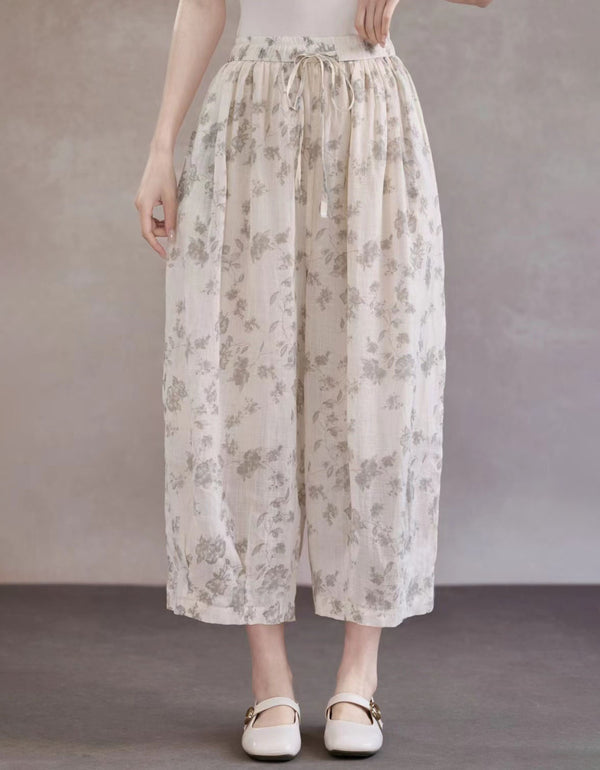 Women Floral Print Linen Wide Leg Pants Loose Fit