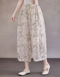 Vintage floral print cropped wide leg trousers for women