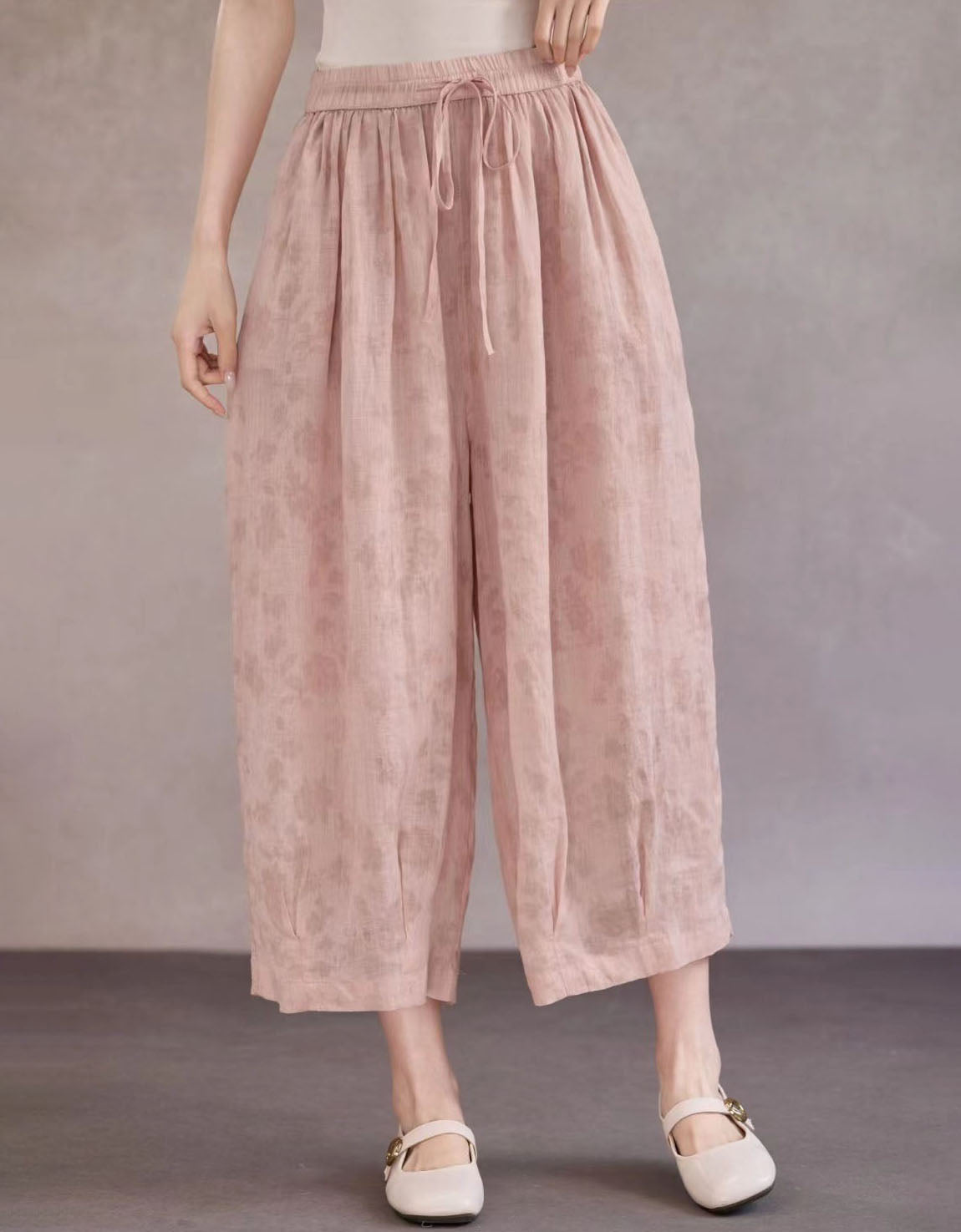Elastic waist floral linen pants women relaxed casual style