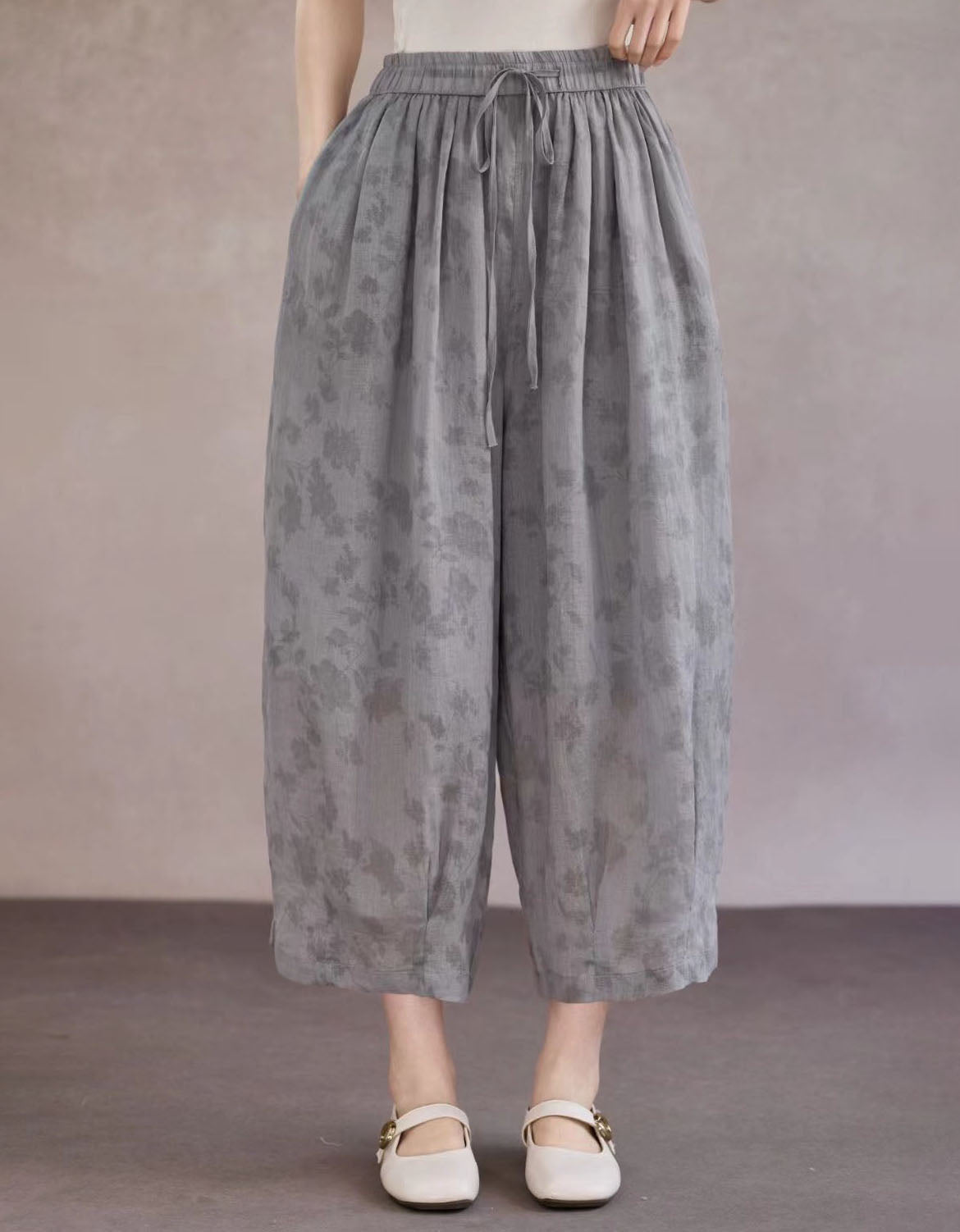 Women Vintage Floral Cropped Wide Leg Trousers