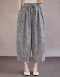Women Vintage Floral Cropped Wide Leg Trousers