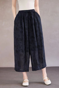 Soft floral print linen fabric on women wide leg pants
