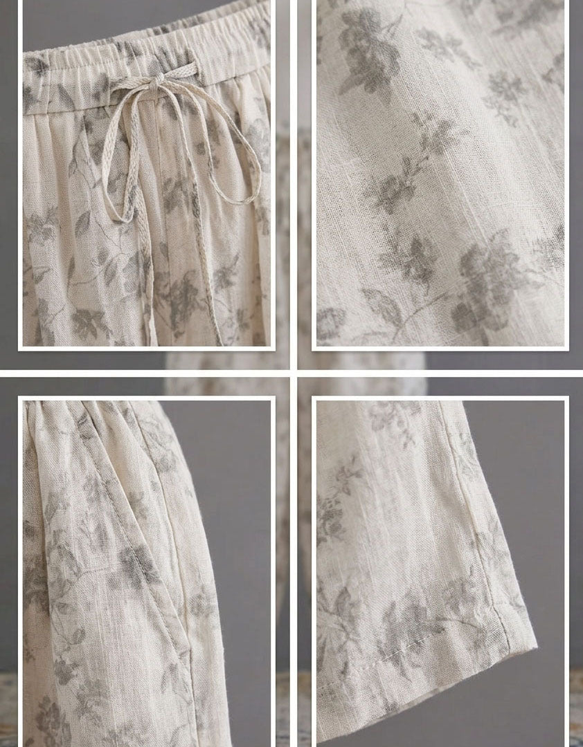 Women Vintage Floral Linen Wide Leg Palazzo Pants