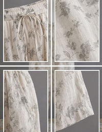 Women Vintage Floral Linen Wide Leg Palazzo Pants