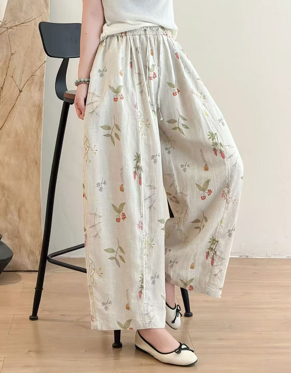 Women's White Floral Linen Pants – Vintage Botanical Print Wide Leg Trousers | Lightweight Boho Summer Casual Wear