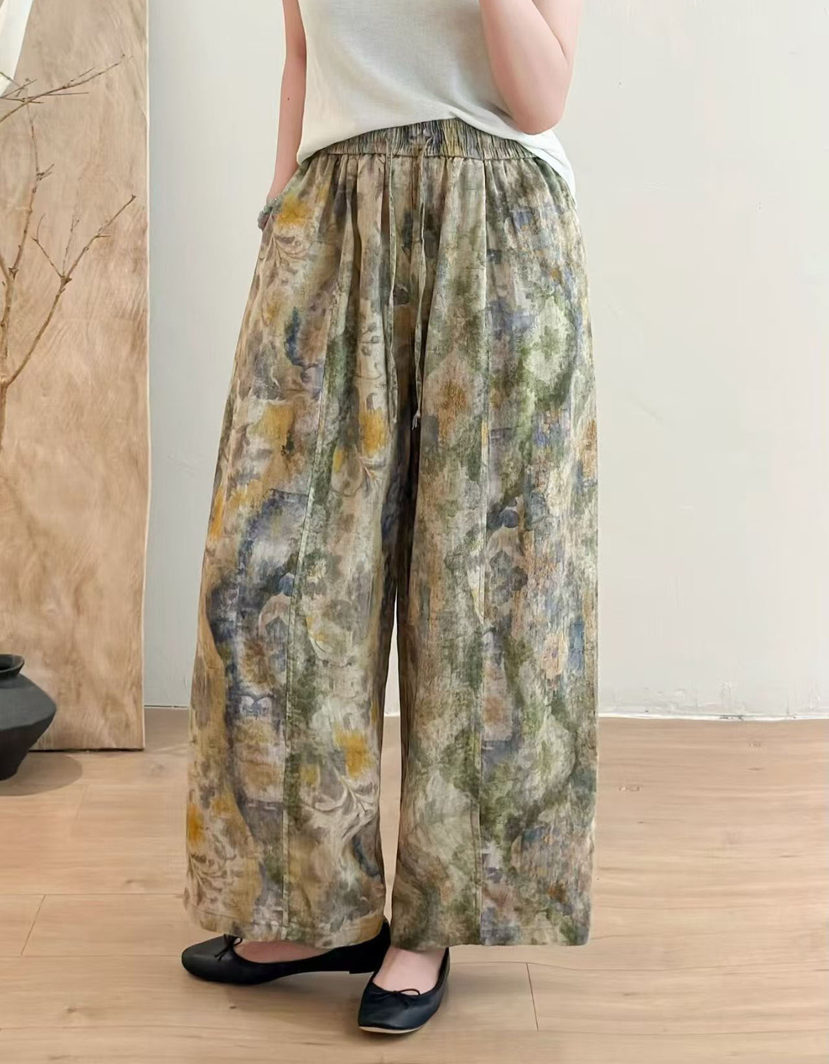 Women's Japanese Style Floral Linen Pants – Minimal Botanical Print Wide Leg Trousers | Relaxed Casual Outfit
