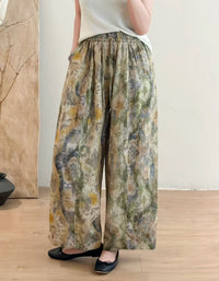 Women's Japanese Style Floral Linen Pants – Minimal Botanical Print Wide Leg Trousers | Relaxed Casual Outfit