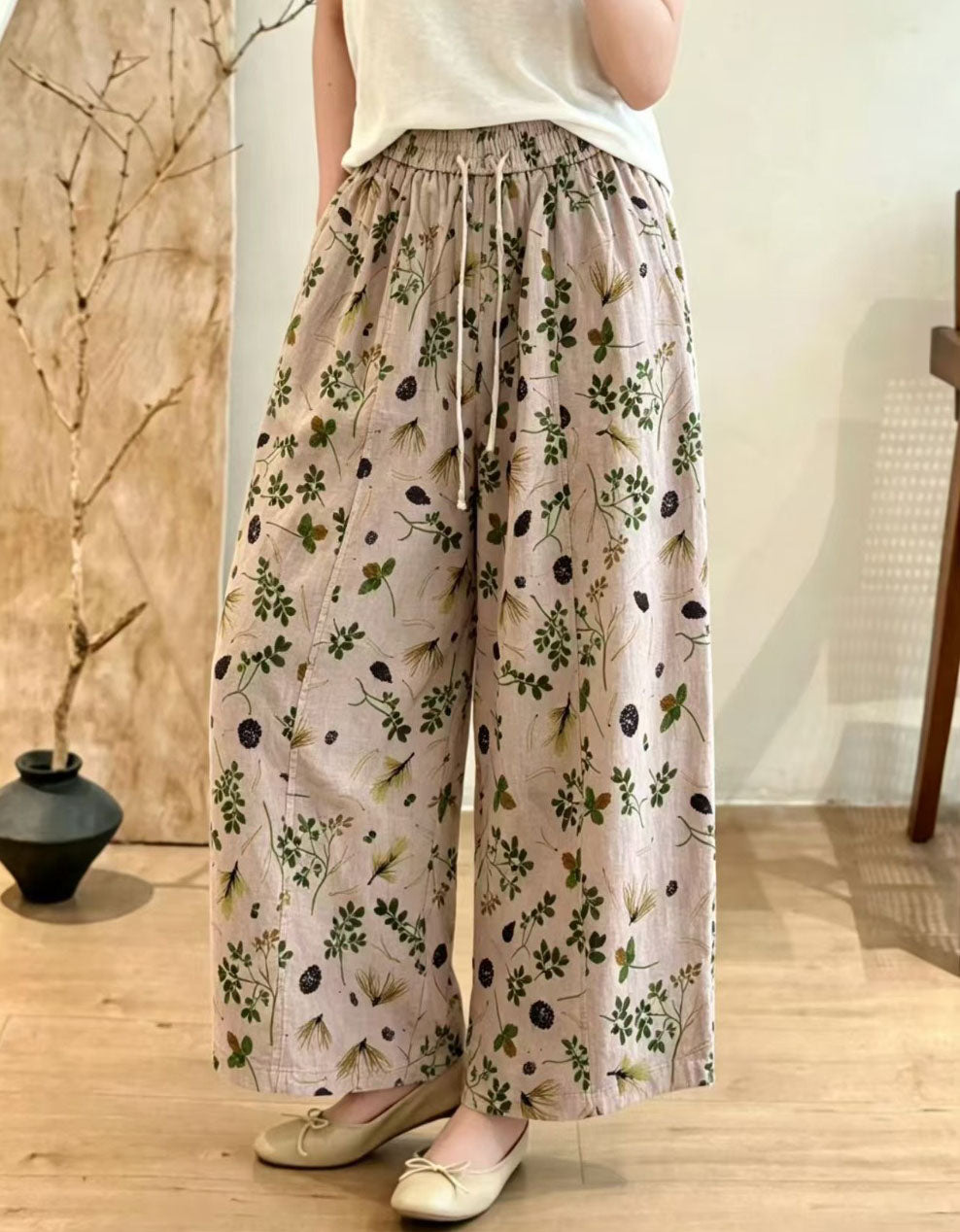 Women's Elegant Floral Wide Leg Pants – Vintage Inspired Linen Trousers | Comfortable Loose Fit Summer Fashion