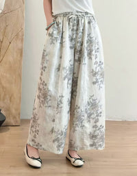 Women's Boho Floral Linen Pants – White Nature Print Wide Leg Casual Trousers | Soft Lightweight Travel Wear