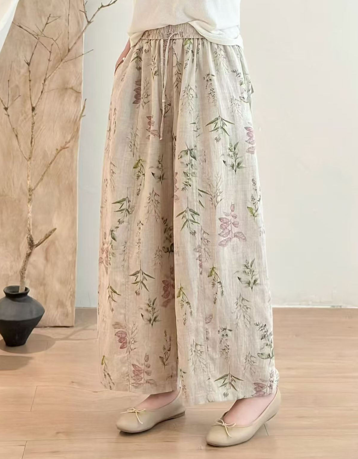 Women's Vintage Botanical Print Linen Trousers – Floral Wide Leg Pants | Relaxed Fit Breathable Summer Pants