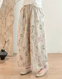 Women's Vintage Botanical Print Linen Trousers – Floral Wide Leg Pants | Relaxed Fit Breathable Summer Pants