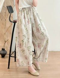 Women's Loose Fit Linen Pants – White Vintage Flower Print Wide Leg Trousers | Bohemian Summer Clothing