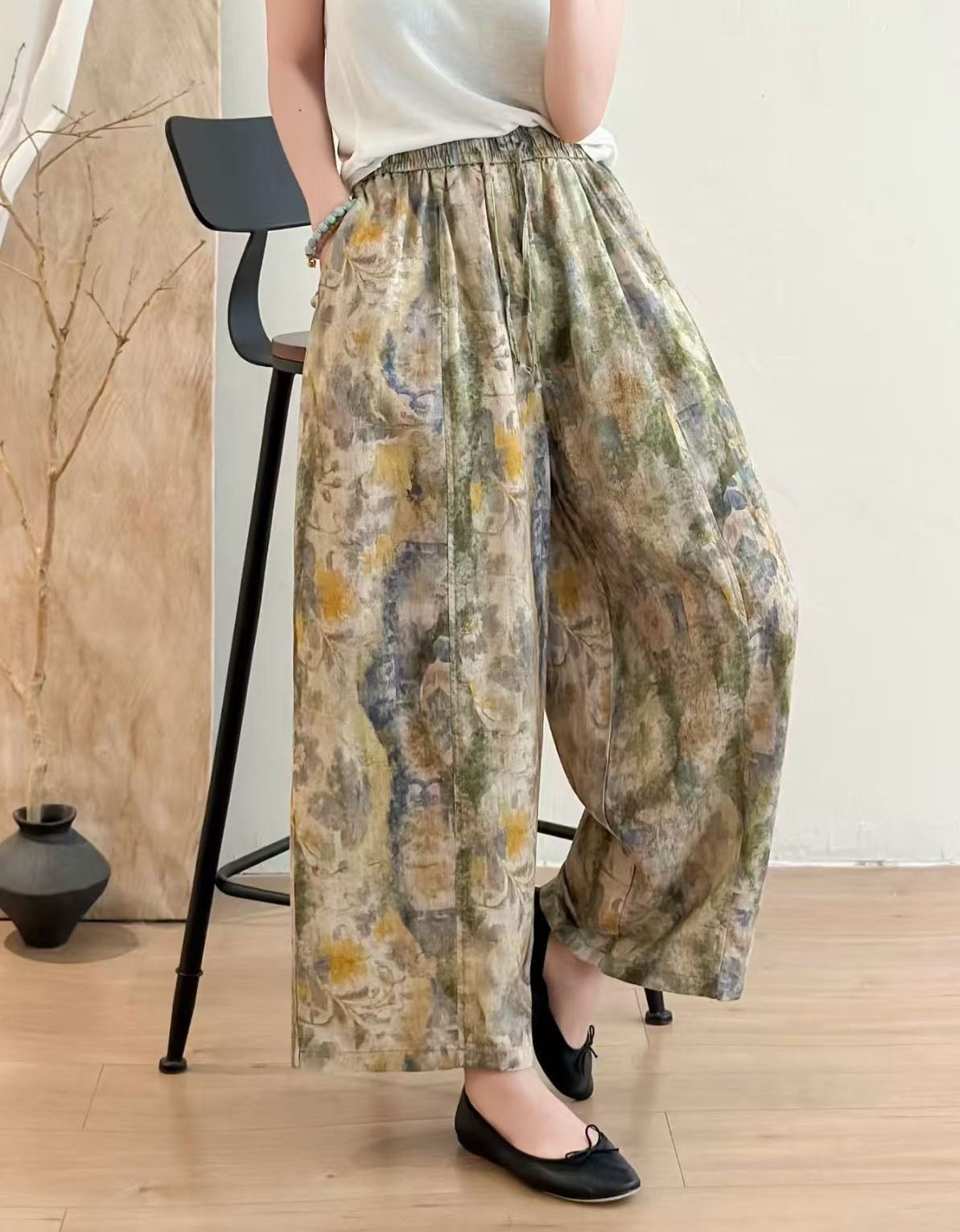 Women's Casual Floral Linen Trousers – Soft White Botanical Print Pants | Boho Chic Wide Leg Summer Style