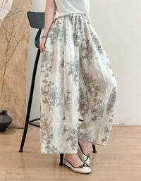 Women's Nature Print Linen Pants – Vintage Floral Wide Leg Trousers | Breathable Relaxed Fit Everyday Wear