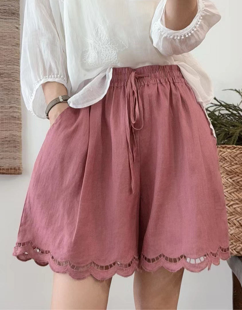 Relaxed Fit Drawstring Summer Shorts for Women – Lightweight Scallop Trim Bottoms