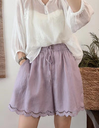 Women’s Casual Linen Blend Shorts – Elastic Waist Loose Fit Scalloped Hem Design