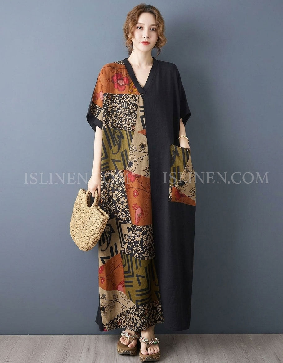 Boho Patchwork Print Oversized Maxi Dress for Women