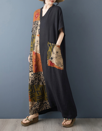 Vintage Floral Patchwork Loose Fit Long Kaftan Dress