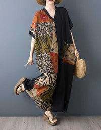 Casual V Neck Patchwork Print Oversized Dress Women