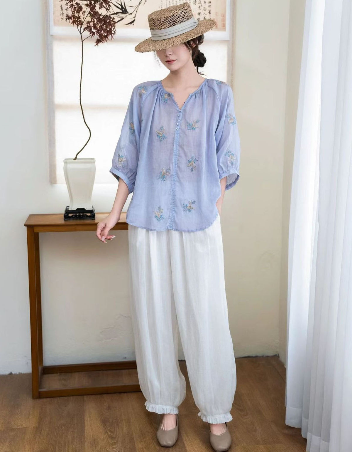 Women Pink Embroidered Blouse Cotton Loose Casual Top