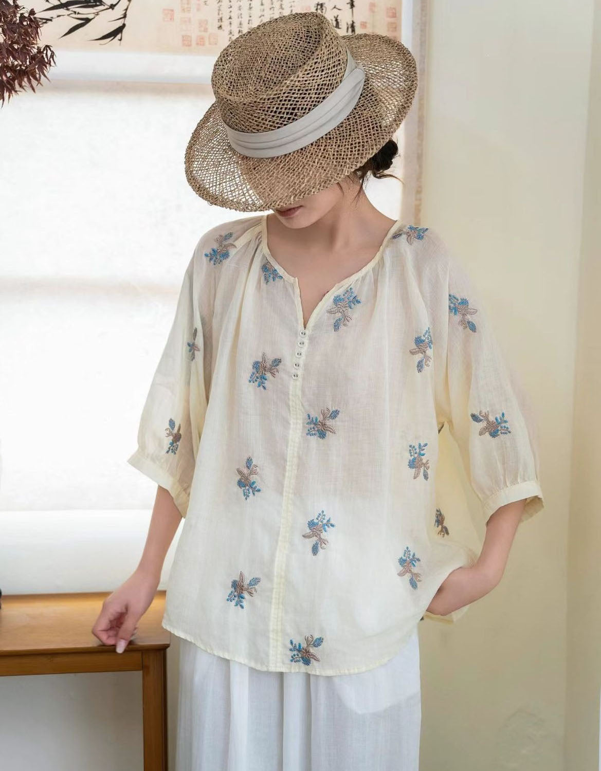 Lightweight summer top women embroidered design